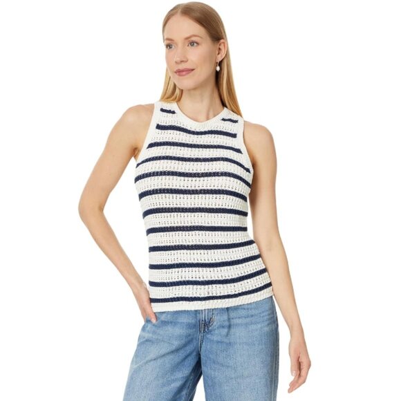 Madewell Crochet-Knit Crewneck Sweater Tank Ivory/Navy Blue XXS NWT - Picture 1 of 7